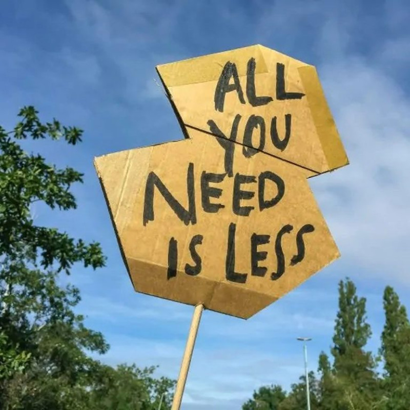 Sign saying "All you need is less"