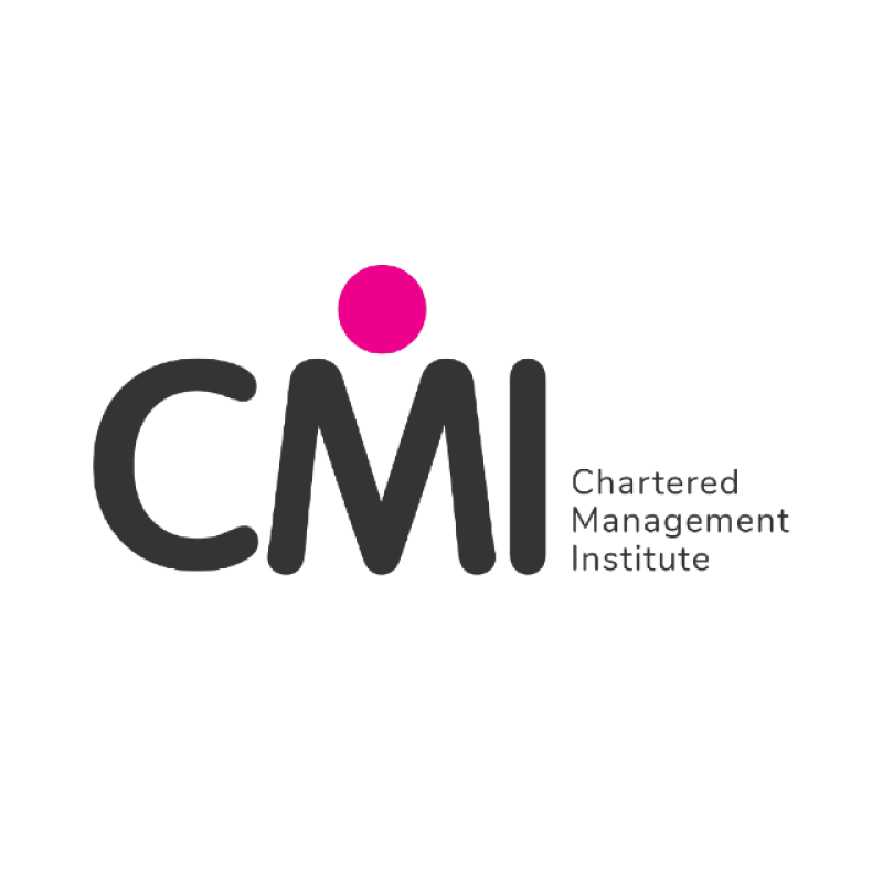 Chartered Management Institute logo - three upcase black letters with a pink circle above the M